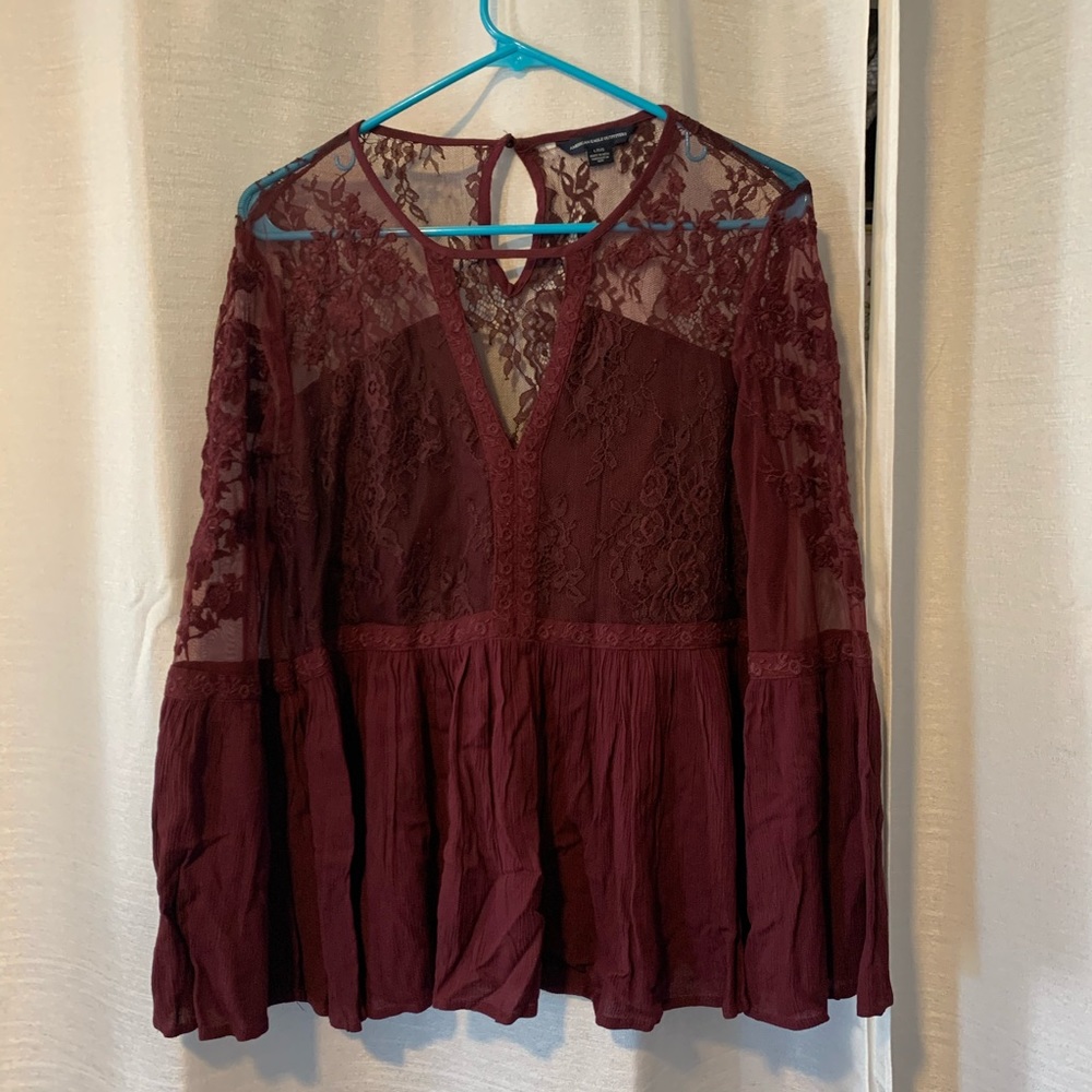 American Eagle maroon lace bell sleeve shirt
